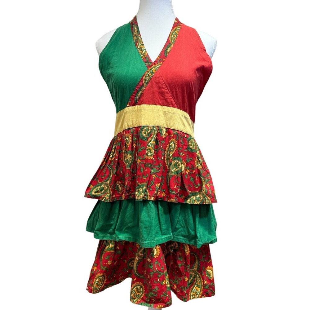 Tiered Ruffle Apron Women OS Red Green Paisley Floral‎ Halter Cotton